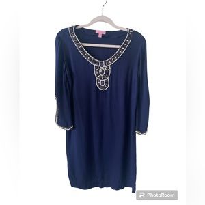Lilly Pulitzer Navy Gold Beaded Three Quarter Length Sleeve Tunic Dress …